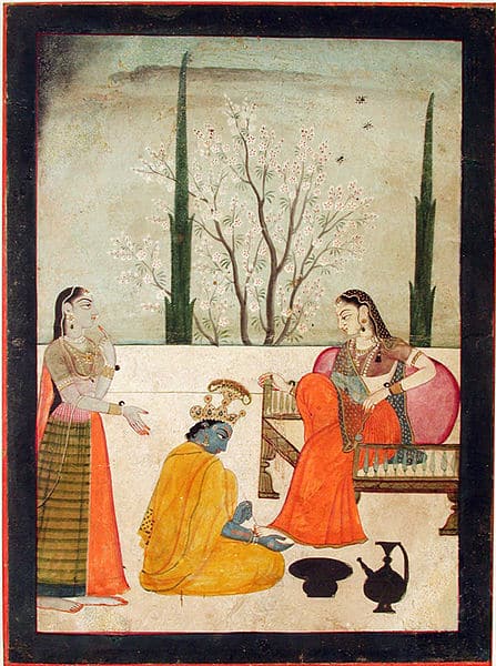 Krishna painting feet of Radha, 1760 art form based on Braj's Rasikapriya text.