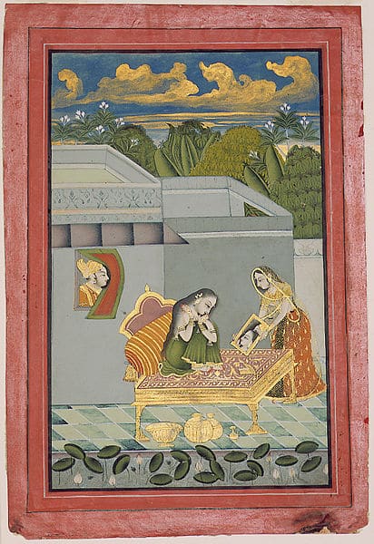 Rajasthani Painting with a love theme where Radha is getting ready and Krishna admires her silently