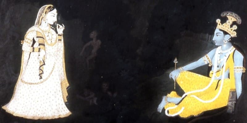 Radha meeting Krishna on a stormy night