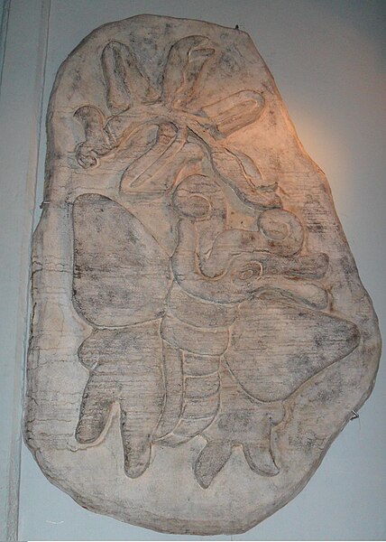This animal, known as papalotl in Nahuatl or butterfly in Spanish, is associated with the god Xochipilli, prince of flowers, and the goddess Itzpapálotl. It is located in the Archaeological Museum of Xochimilco, Mexico City.
