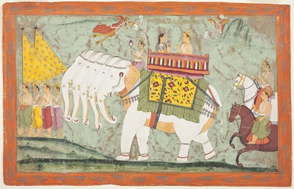 Indra and Indrani riding Airavata. Folio from a Jain text, Panch Kalyanaka, c. 1670 – c. 1680, painting in LACMA museum, originally from Amber, Rajasthan