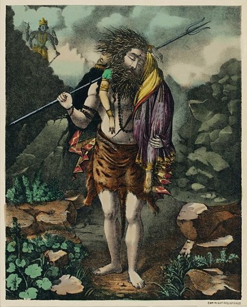 Shiva carrying Sati's corpse, followed by Vishnu's Sudharshana chakra, 19th-century lithograph.